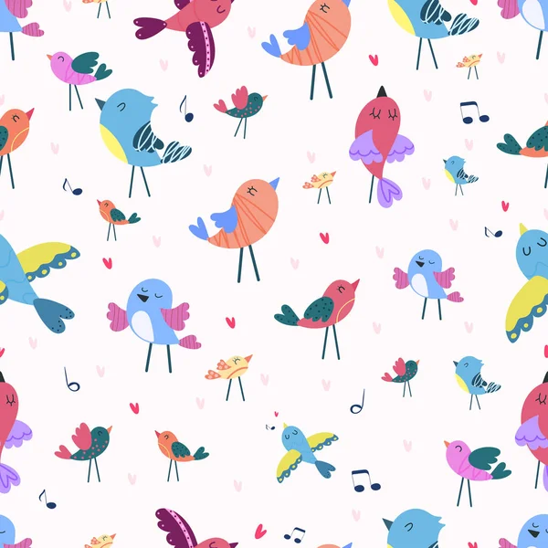 シームレスなパターン 鳥たちが歌っている フラットスタイルでかわいいベクトルイラスト — ストックベクタ