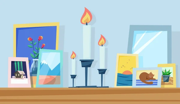 Set Photo Frames Candles Vector Illustration Flat Style — Stock Vector