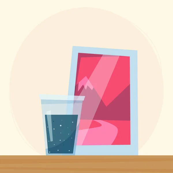 Su ve fotoğraf çerçeveli cam. Düz biçimdeki vektör illüstrasyonu