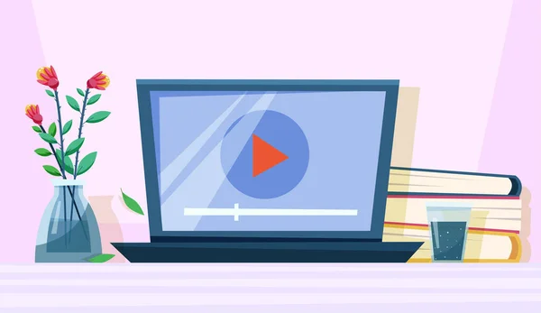 オンライン教育の概念は ビデオ 本と画面 平型ベクトルイラスト — ストックベクタ