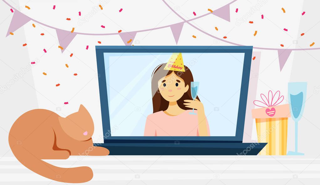 Congratulation screen. online holiday concept. Vector illustration in flat style