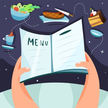 Restoranda menü var. Öğle yemeği salata, biftek ve tatlı. Vektör illüstrasyonu