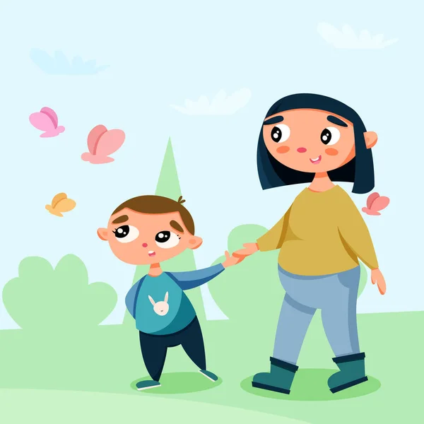 Mamá Hijo Dar Paseo Niñera Niño Están Caminando Ilustración Vectorial — Vector de stock