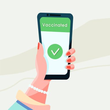 Cep telefonu ekranında QR kodlu aşı sertifikası ve aşı onaylı geçiş kartı. Çevrimiçi Coronavirus enfeksiyonunu takip eden bir sağlık pasaport uygulaması. Düz tasarım vektör çizimi.