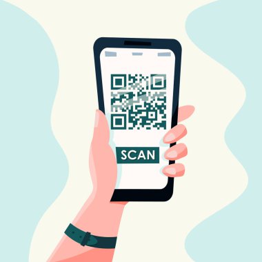 QR kodlu cep telefonu taraması ekranda. Beyaz arka planda el ele. Düz Biçim