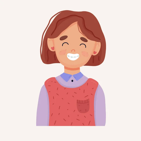 Nettes Mädchen Schulalter Mit Zahnspange Gesundes Lächeln Vektorillustration — Stockvektor