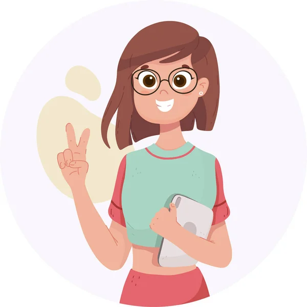 A student with glasses shows a peace sign. A girl with a short haircut. Blogger with tablet. Vector illustration in rest style
