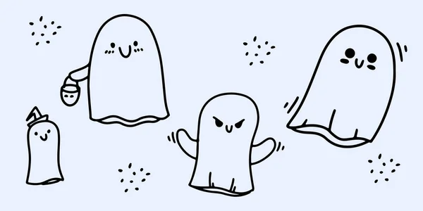Funny Ghosts Doodle Style Happy Halloween Concept Vector Illustration — Vetor de Stock