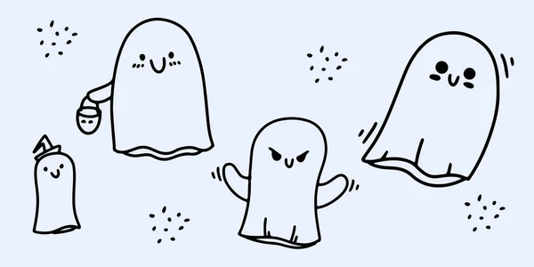 Funny Ghosts Doodle Style Happy Halloween Concept Vector Illustration — Stock vektor