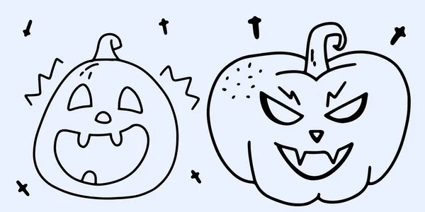 Set Scary Pumpkins Smile Doodle Style Halloween Concept Coloring Vector — Stock Vector