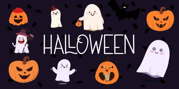 Conjunto Fantasmas Lindos Calabazas Concepto Halloween Ilustración Vectorial Estilo Plano — Archivo Imágenes Vectoriales