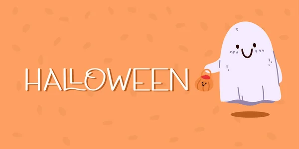 Fantasma Con Calabaza Dulces Concepto Halloween Banner Ilustración Vectorial — Archivo Imágenes Vectoriales