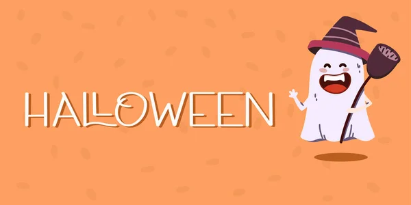 Duch Čarodějnickém Klobouku Koštětem Halloween Koncept Banner Vektorová Ilustrace — Stockový vektor