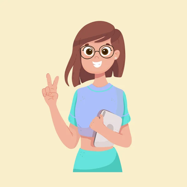 The girl shows two fingers and laughs. Glad to meet you. Live emotion concept. Vector illustration in flat style