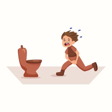 Çocuk tuvalete koşuyor. İdrarını tutamama. Düz biçimli vektör illüstrasyonu