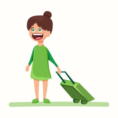 Bavullu kız. Hostes. Düz biçimli vektör illüstrasyonu