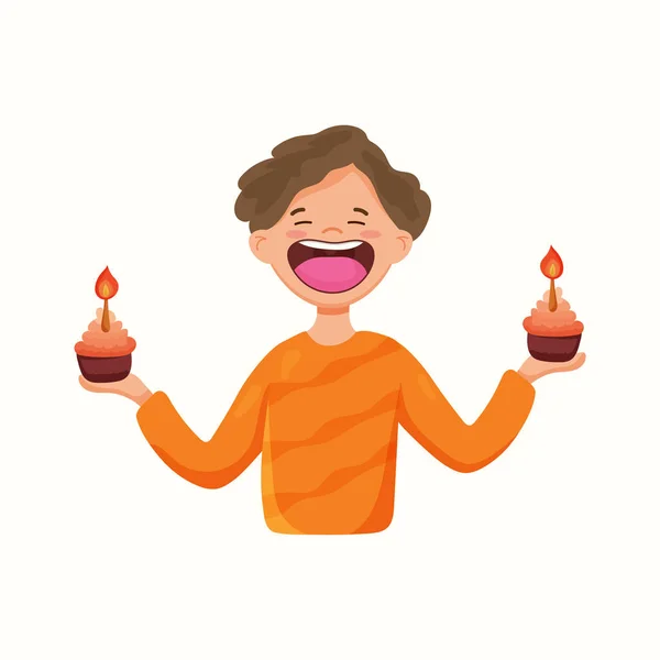 Homem Feliz Com Cupcakes Aniversário Ilustração Vetorial Estilo Plano — Vetor de Stock