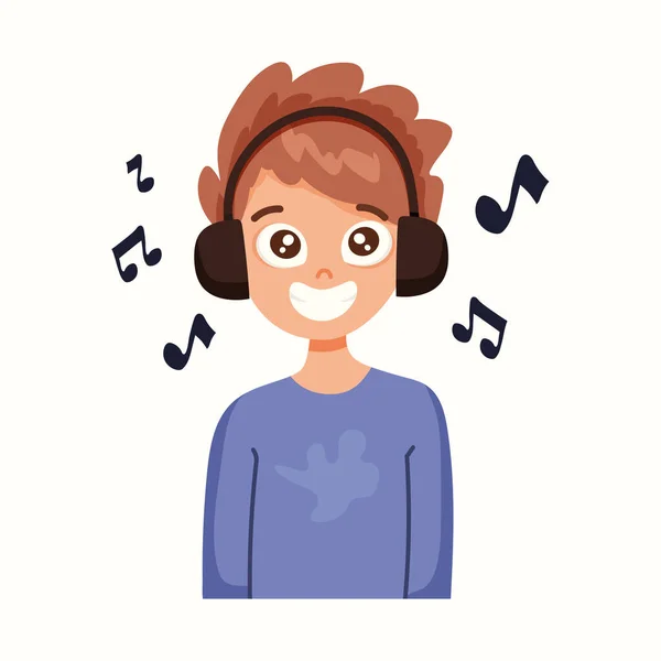 Çocuk Kulaklıkla Müzik Dinliyor Düz Biçimli Vektör Illüstrasyonu — Stok Vektör