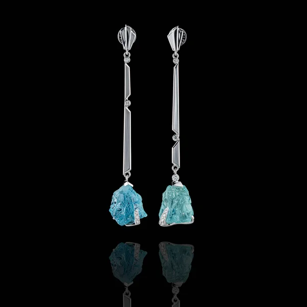 Beautiful Gold Earrings Aquamarine Diamonds Black Background Close — Stock Photo, Image