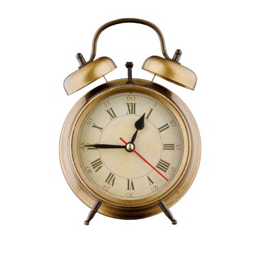 Çalar saat, klasik saat 12 saat 45 dakika, 12: 45, 12: 45, izole beyaz arka plan yakın plan.