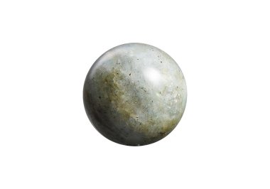 İzole edilmiş beyaz zemin üzerinde canlı bir Flash Labradorite topu, parlak bir yüzeye sahip mavi ve yeşil yanardağlara çarpıyor. Manevi dekor ya da mücevher gösterimi için mükemmel.