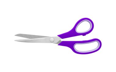 Beyaz arka planda, keskin metal bıçakları ve rahat sapları olan açık bir şekilde duran mor bir makas. Ofisteki veya zanaat ayarlarındaki görevleri kesmek için mükemmel, izole görünüm.