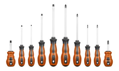 İzole edilmiş beyaz arka plan üzerinde Philips ve düz başlı tornavidalar kahverengi renk seti