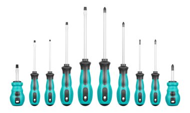 İzole edilmiş beyaz arka planda Philips ve düz başlı tornavidaların mavi renkleri