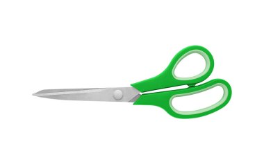 Keskin paslanmaz çelik bıçaklar ve ergonomik kabzalı, beyaz arka planda kapalı pozisyonda bir çift yeşil makas. Temiz ve izole tasarım ile ofis veya zanaat kullanımı için ideal.