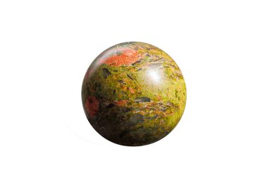 A polished Unakite sphere on a white isolated background, featuring a blend of green, pink, and earthy tones with a glossy finish. Ideal for decor, meditation, or mineral collections.