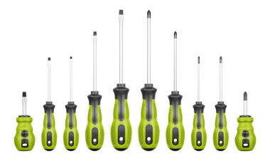 İzole edilmiş beyaz arka planda Philips ve düz başlı tornavidalar yeşil renk