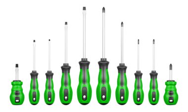 İzole edilmiş beyaz arka planda Philips ve düz başlı tornavidalar yeşil renk