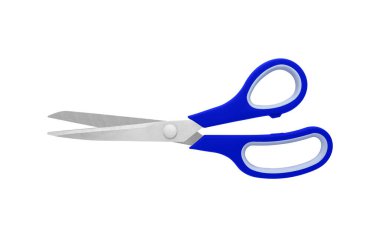 Keskin metal bıçakları ve rahat sapları olan, beyaz arka planda açık pozisyondaki mavi bir makas. Ofisteki veya zanaat ayarlarındaki görevleri kesmek için mükemmel, izole görünüm.