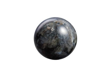 A shiny black larvikite ball on a white isolated background, highlighted by delicate blue flecks and a glossy finish. Perfect for spiritual decor or gemstone displays.