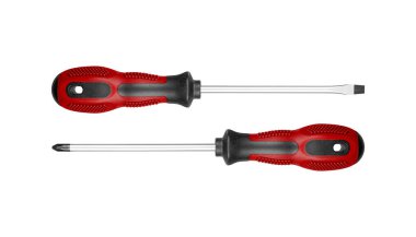İki tornavida, düz ve Phillips, tamir ve bakım işleri için mükemmeller. Ergonomik sapları uzun süre kullanım sırasında izole edilmiş beyaz arka planda kırmızı renk ile konfor sağlar.