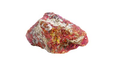 A colorful chalcopyrite mineral with golden flecks on a white isolated background, exhibiting pink iridescence and metallic sheen. Great for collectors or scientific exhibits.