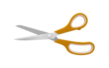 Bir çift turuncu makas, beyaz zemin üzerinde yarı açık pozisyonda, paslanmaz çelik bıçaklar ve ergonomik saplar gösteriyordu. Hassasiyet için uygun ofis veya zanaat kesimi, izole görüntü.