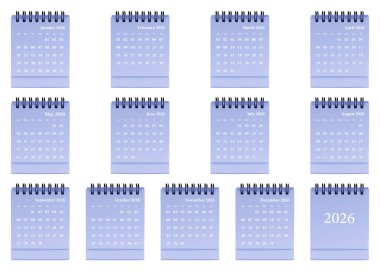 Temiz ızgara düzeni içeren mor masaüstü takvim şablonu, 2026 organizasyonu için aylık sayfaları olan spiral-bağlı planlayıcı modeliName