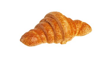 Altın pullu kruvasanın detaylı görüntüsü. Beyaz arka planda izole edilmiş geleneksel Fransız kruvasanı manzarası. Fırın reklamları, yemek blogları ve tarif çizimleri için mükemmel..