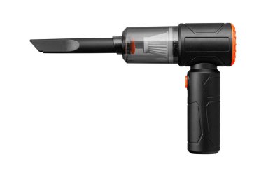 Küçük alanlar için enjektörlü modern siyah elektrikli süpürge. Kablosuz temizlik aletinin yüksek kaliteli stüdyo görüntüsü. Araç içi bakım, ofis masası ve ev elektronik bakım için ideal..