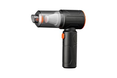 Şeffaf toz konteynırlı parlak siyah portatif elektrikli süpürge. Akıllı ev temizleme aletinin profesyonel fotoğrafçılığı. Yaşam tarzı blogları, ev ürünleri reklamları ve teknik değerlendirmeler için harika..