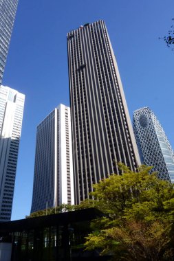 Alt merkezdeki gökdelenler Tokyo Shinjuku 'nun batı çıkışında yükseliyor.