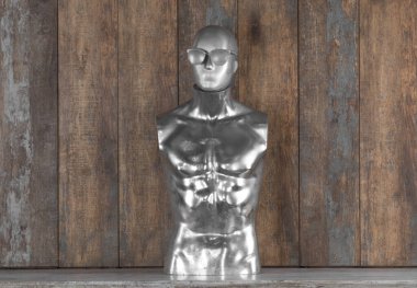 Ahşap arka planda soyut gümüş manken