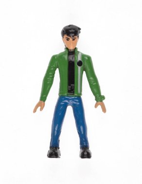 Beyaz arka planda izole edilmiş plastik oyuncak adam.