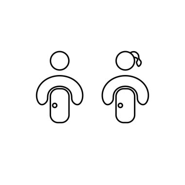 Erkek ve kadın çizgisi ikonu. Basit tarz cinsiyet eşitliği poster sembolü. Kadın ve erkek kapı işareti. Kadın ve erkek tuvalet kapısı tabelası. Logo tasarım elemanı. Tişört baskısı. Çıkartma için vektör.