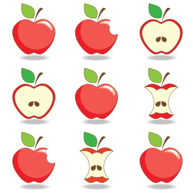 Apples. Set of red bitten and half of fruit with leaf. Vector il clipart