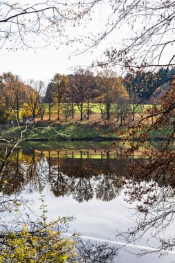 Sonbahar yaprakları Bavyera 'daki Windach rezervuarının suyuna yansıyor.