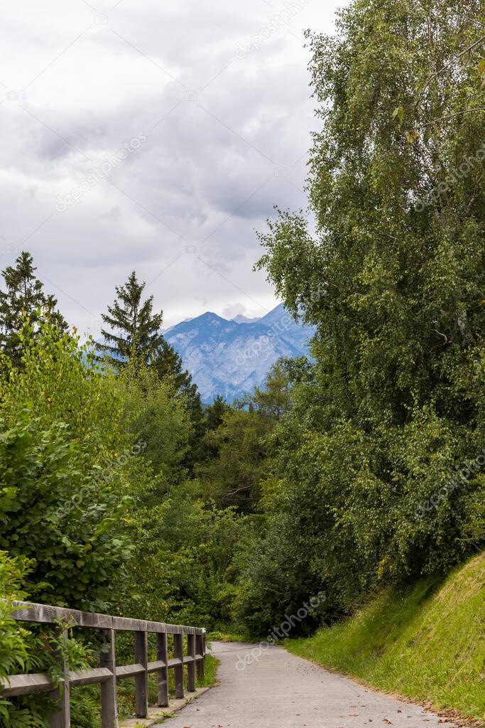 View from the freeway rest area on the Brenner freeway to the mountains near Innsbruck
