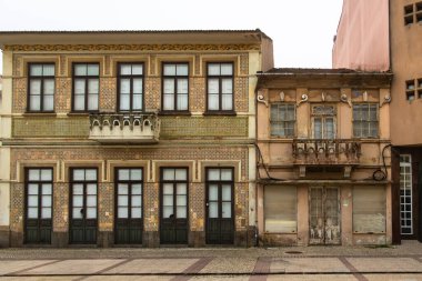 Historic azulejo facade with balconies and wooden doors, Portugal, Ovar  Furadouro, 9.10.2025.
