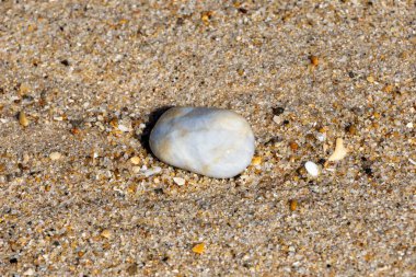 Portekiz sahilinde güneşli kumda dinlenen pürüzsüz beyaz çakıl taşı, Ovar Furadouro, 10.10.2025.